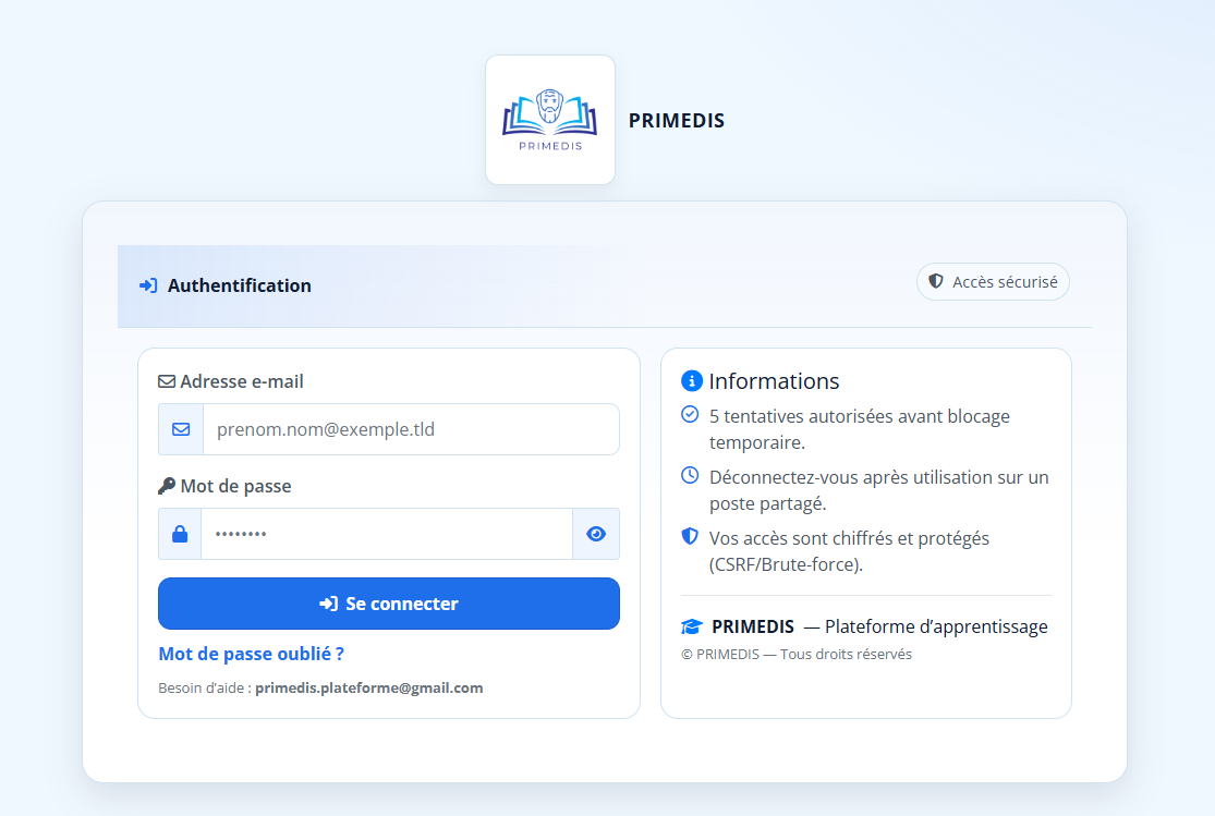 Page de connexion PRIMEDIS – Professeur