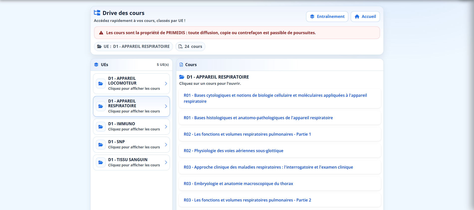 Drive de cours PRIMEDIS – Étudiant