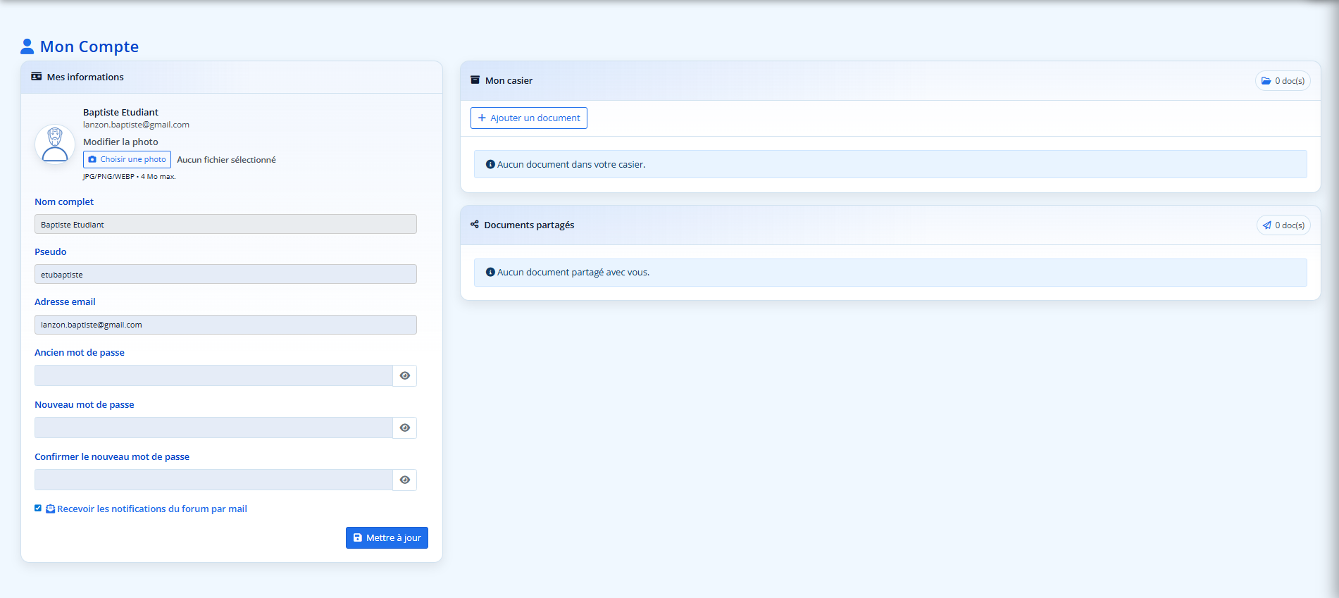 Page Paramètres PRIMEDIS – Étudiant